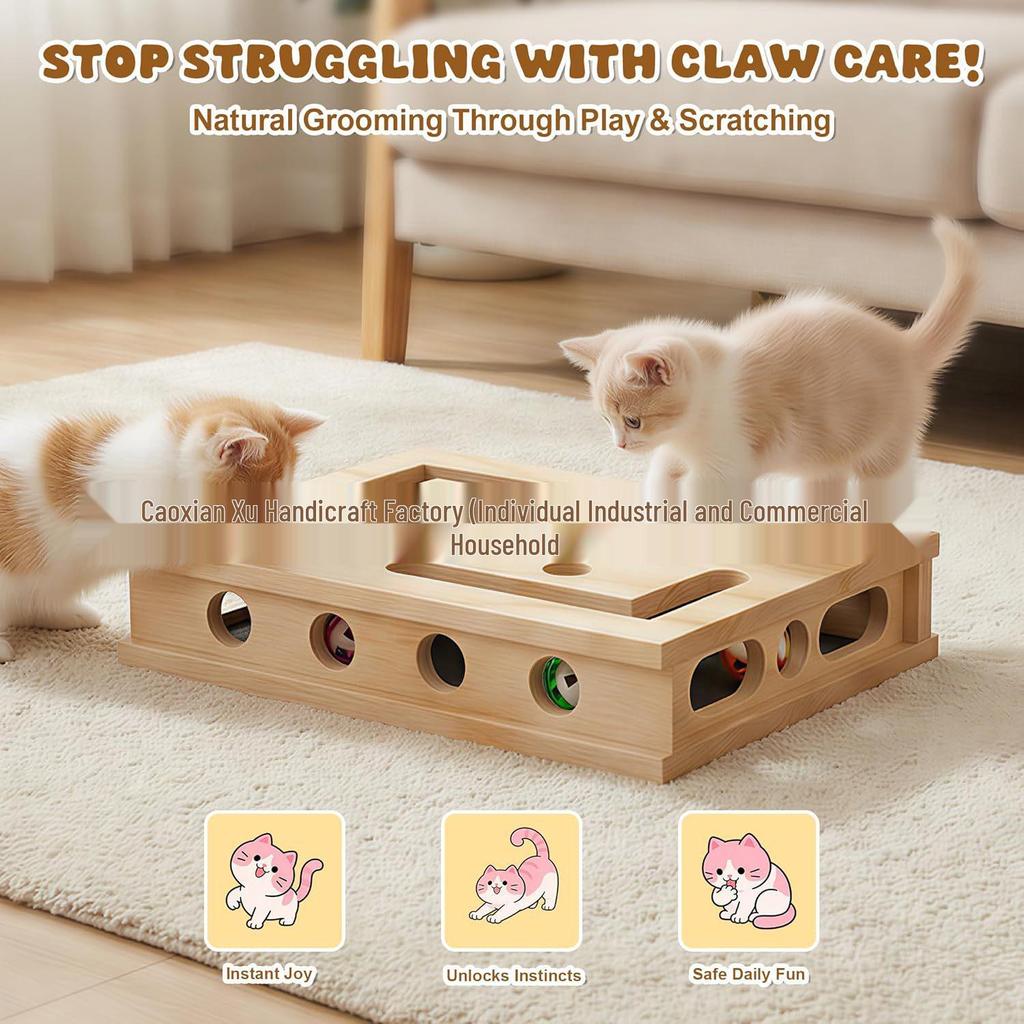 Solid Wood Cat Scratcher & Teaser: Interactive 3-in-1 Self-Entertainment, Nail Grinding, Educational Toy