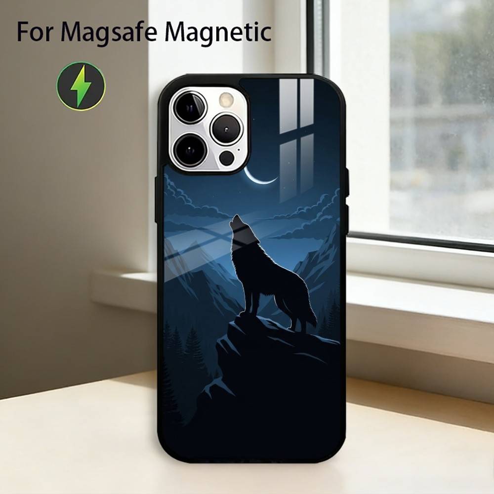 Mond Heulender W-Wolf Handyhülle Für iPhone17,16,15,14,13,12,11 Plus,Pro Magnetisch Für Magsafe Kabelloses Laden