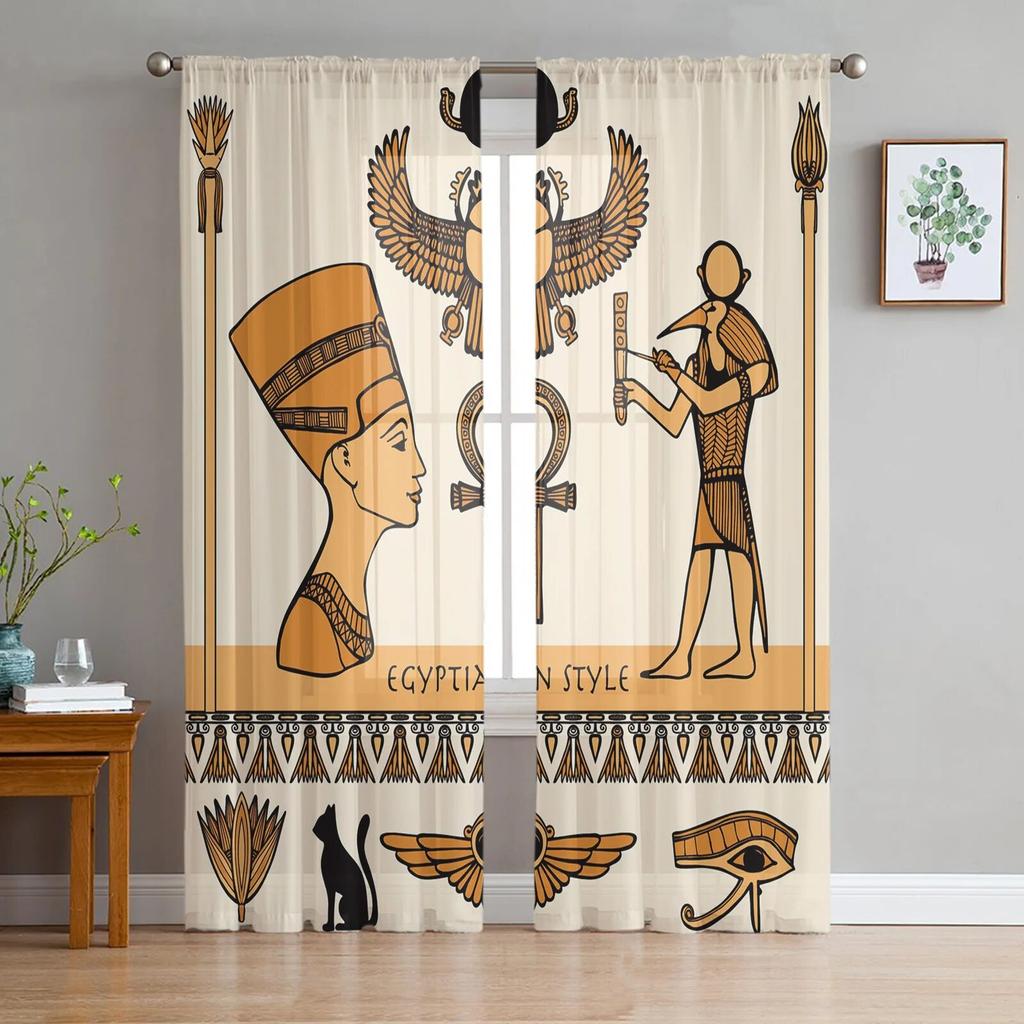 Stamkonst egyptisk vintage etnisk skira gardiner för vardagsrum Transparent Tyll Fönster Gardin Sovrum Kök Slöja Draperier
