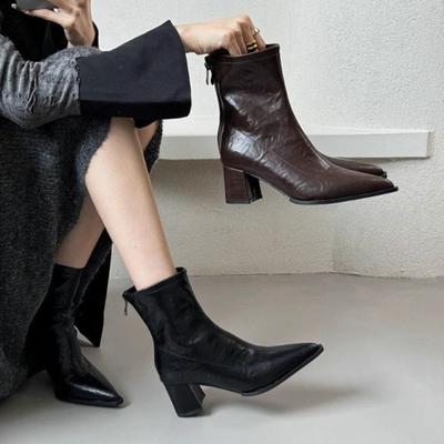 Fashion High-heeled Pointed Short Boots Women Autumn New European American Thick-heeled Bare Boots Retro Brown High-heeled Women's Shoes