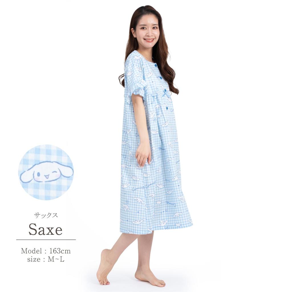 SAZAC Cinnamoroll Cotton Gingham Cinnamoroll Dress/Nightgown, 100% Broadcloth, Women's, Button-Front Loungewear, (Sax/M-L/SAN1781)