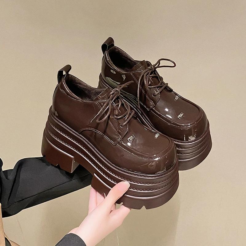 Autumn Women Patent Leather Chunky Sneakers Fur Loafers 10CM High Heels Platform Winter Warm Plush Casual Snow Shoes Flats Woman