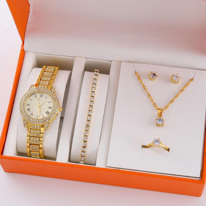 5Pcsset New Popular High-End Fashion Diamond-Encrusted Women'S Watch Small Fresh Retro Simple Watch Women'S Bracelet Set
