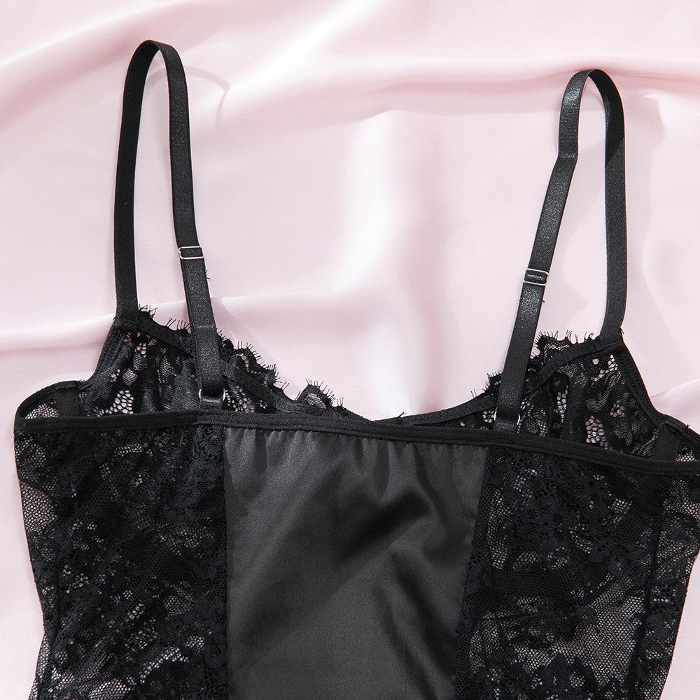 European and American Cross-Border Black Lace Satin Camisole: Sexy, Strappy, Body-Shaping, Slimming Nightgown.