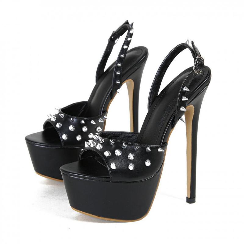 Fashion Metal Rivet Design Platform Sandals Women Sexy Open Toe Back Strap Buckle Stripper Heels Elegant Wedding Banquet Shoes