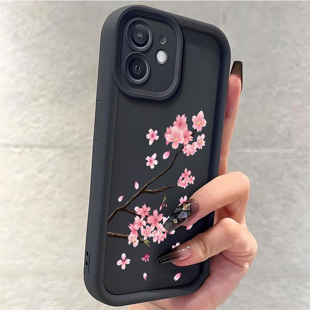 Pink Flower Branches Black Groove Phone Case for iPhone 15/16/17