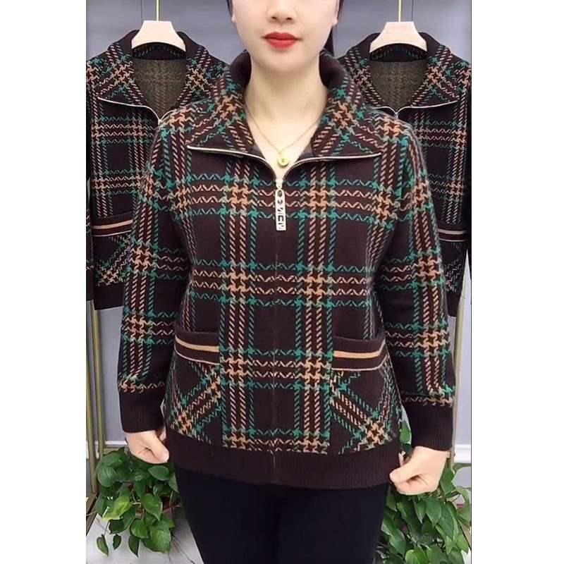 Samt Color-Block Warme Karojacke mit Revers & Reißverschluss für Mittleren Alters & Ältere - Neue Herbst/Winter Mode.