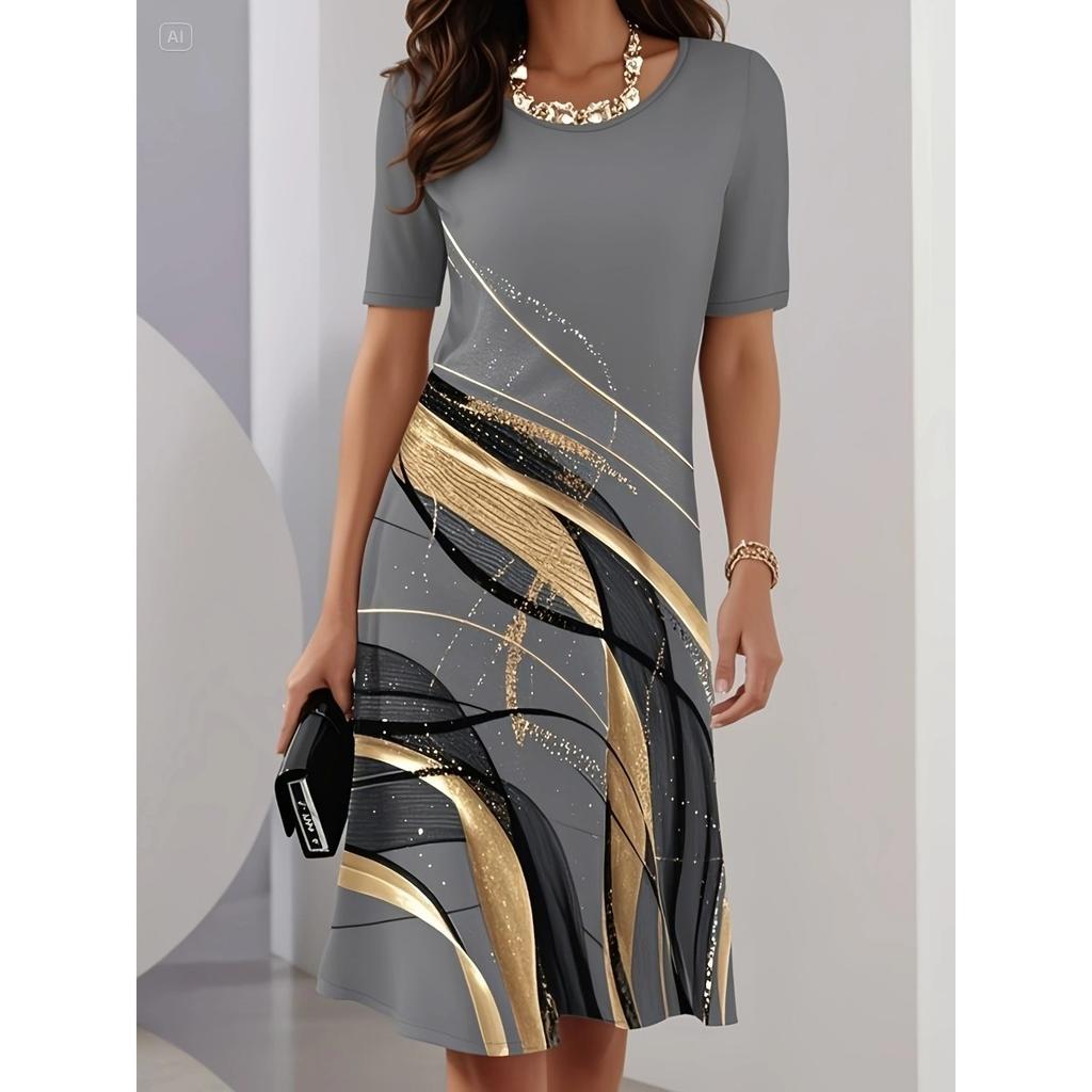 Women's Casual Loose Round Neck Dress 3D Floral Printed Fashion Midi Dress