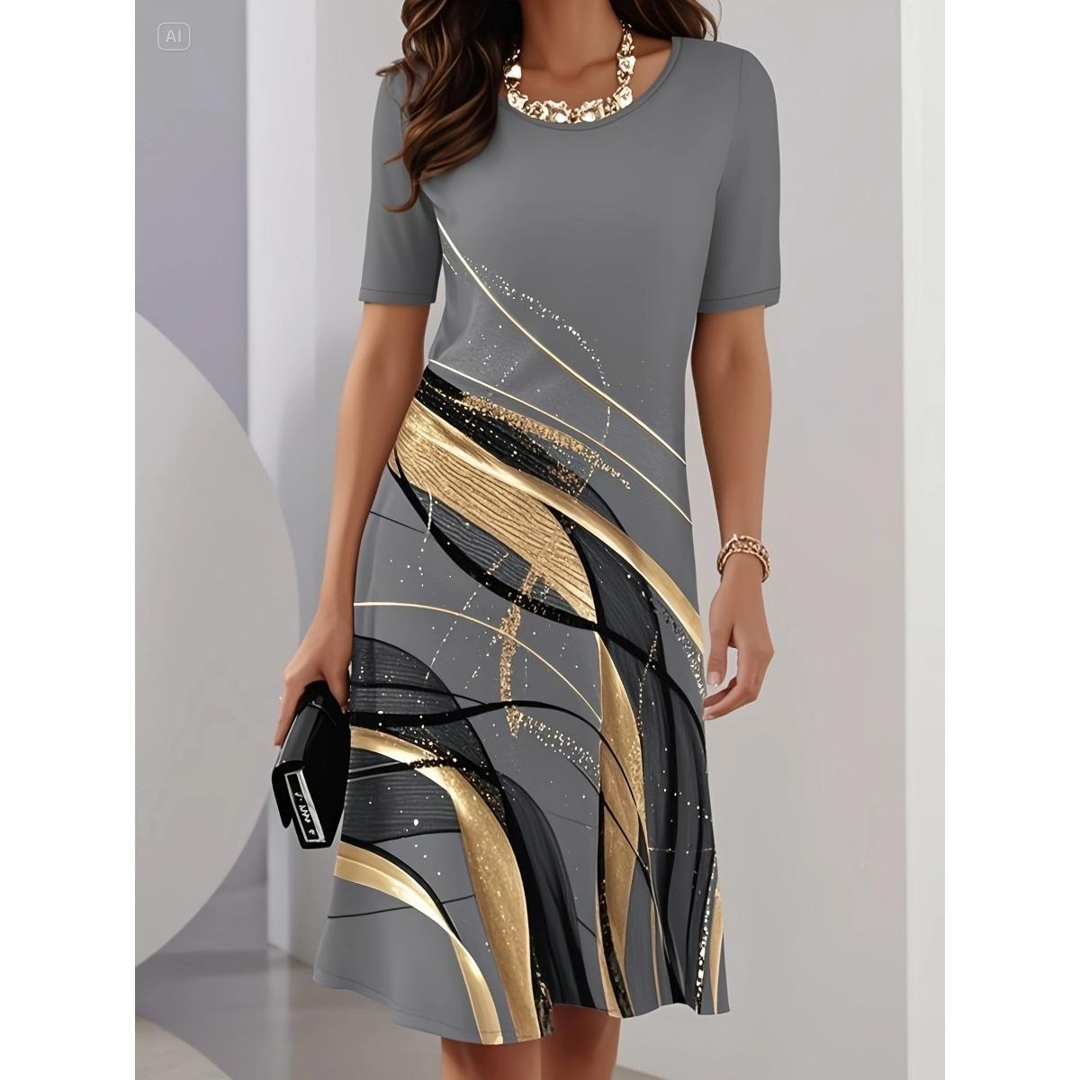 Women s Casual Loose Round Neck Dress 3D Floral Printed Fashion Midi Dress S серый