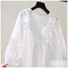 Blusas Bordadas 100% Algodón Camisa de Mujer Manga Media Hueca Top de Verano Cuello Redondo Holgada Casual Botones Blanca Camisa Femenina
