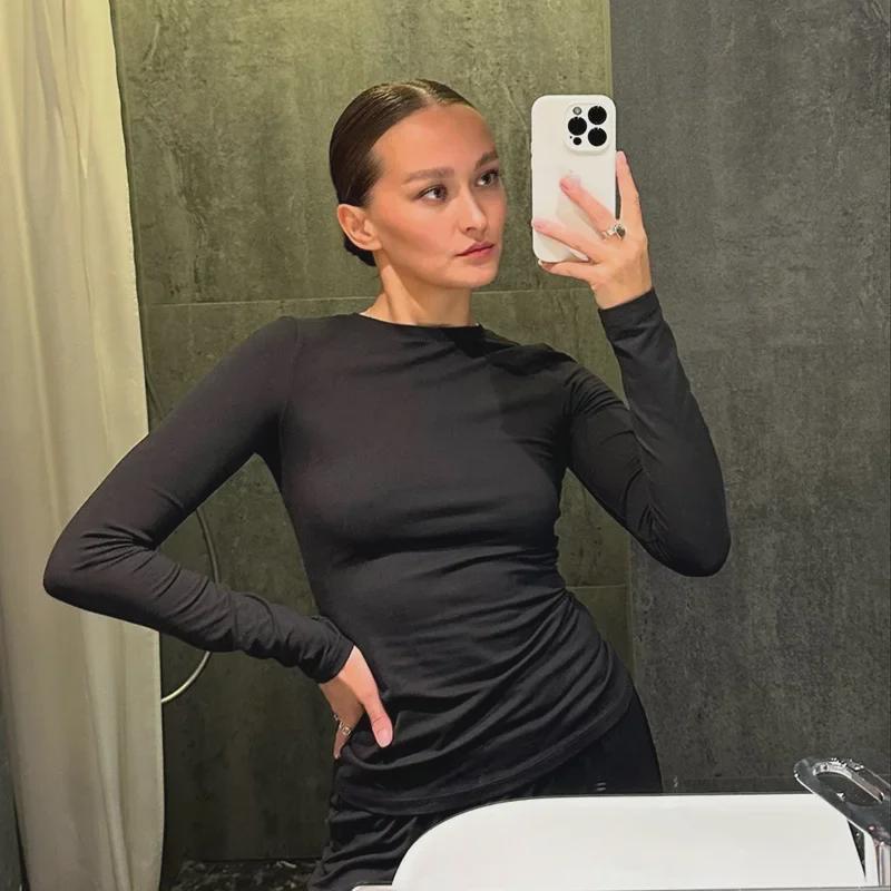 Y24ST593 Γυναικείο Μονόχρωμο Τοπ Μακρυμάνικο & Παντελόνι Ευρείας Γραμμής Κοστούμι για Φθινόπωρο - Ευρωπαϊκό & Αμερικάνικο Στυλ