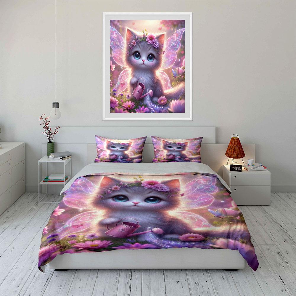 Fairy Cat With Flowers, Dreamy Scene Printed Duvet Cover Set1 Duvet Cover+2 Pillowcasemulti Size Bedroom Bedding Decor