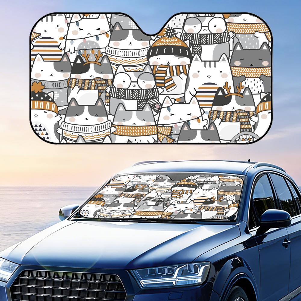 Cute Funny Cats Pattern Sun Visor Foldable Universal Car Windshield Sun Shade UV Protection Heat Insulation Foldable Cover