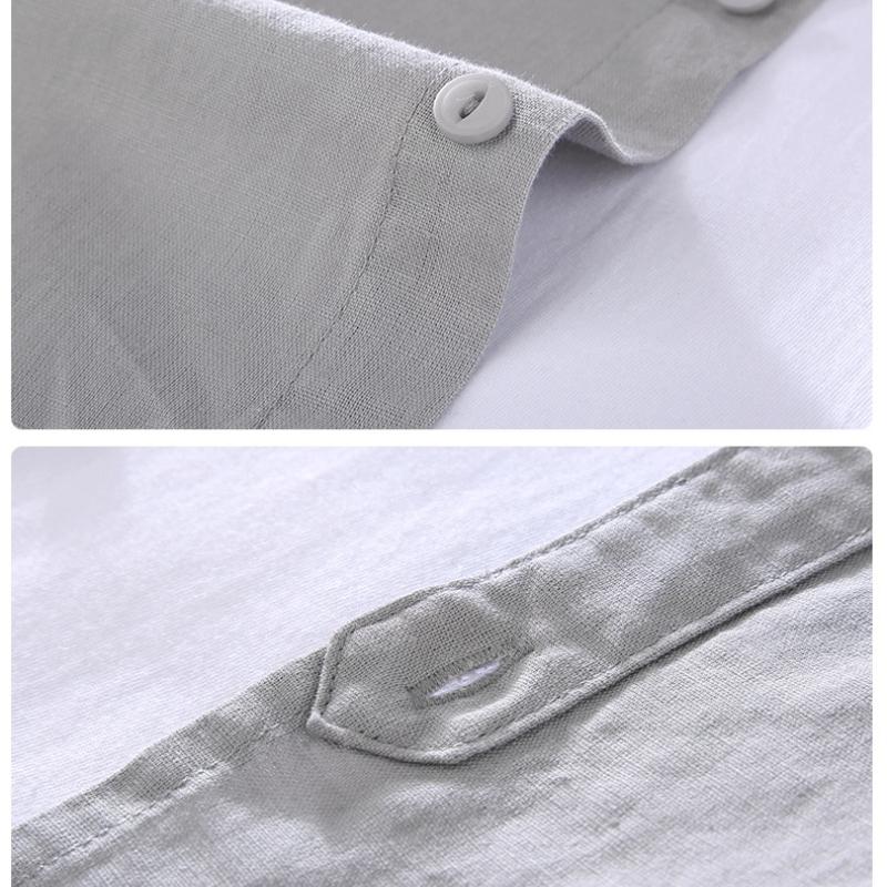 Beach Summer Tops Male Japanese Style Cotton Linen Short Sleeve Shirt Stand Collar Green Shirts for Men Breathable Clothing