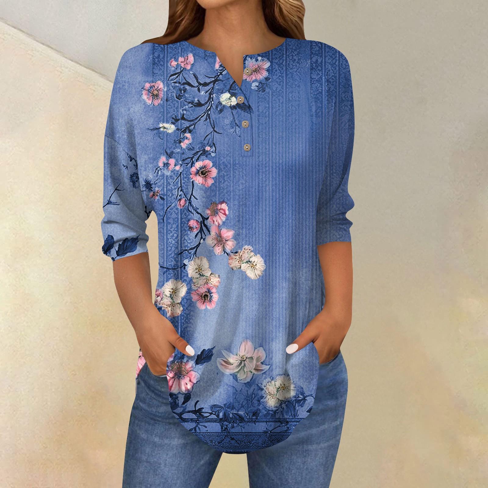 

Женская свободная футболка с воротником на пуговицах и винтажным цветочным принтом, рукав три четверти XL