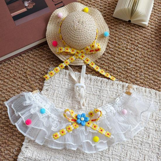 1 Set Cute Flower Cat Outfit Straw Sun Hat And Lace Ruffled Cat Bandana Bib Sweet Pet Accessory with Colorful Pom-Poms for Cats Dogs Photos Parties