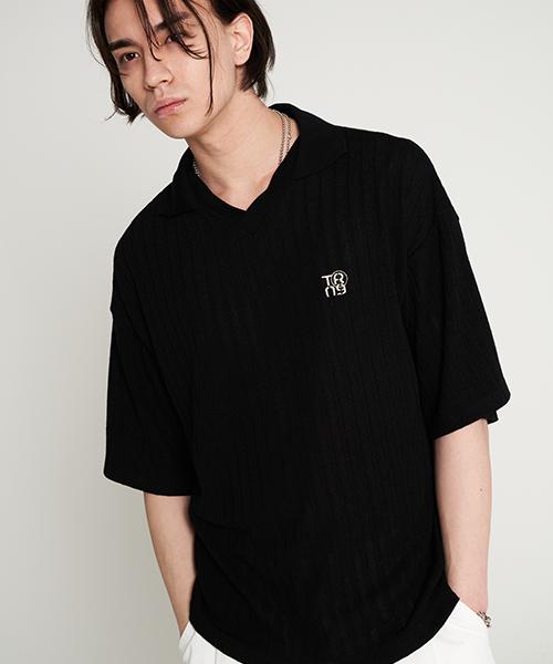 Tnr V-Neck Embroidered Collar Knit T-Shirt Black Black/F
