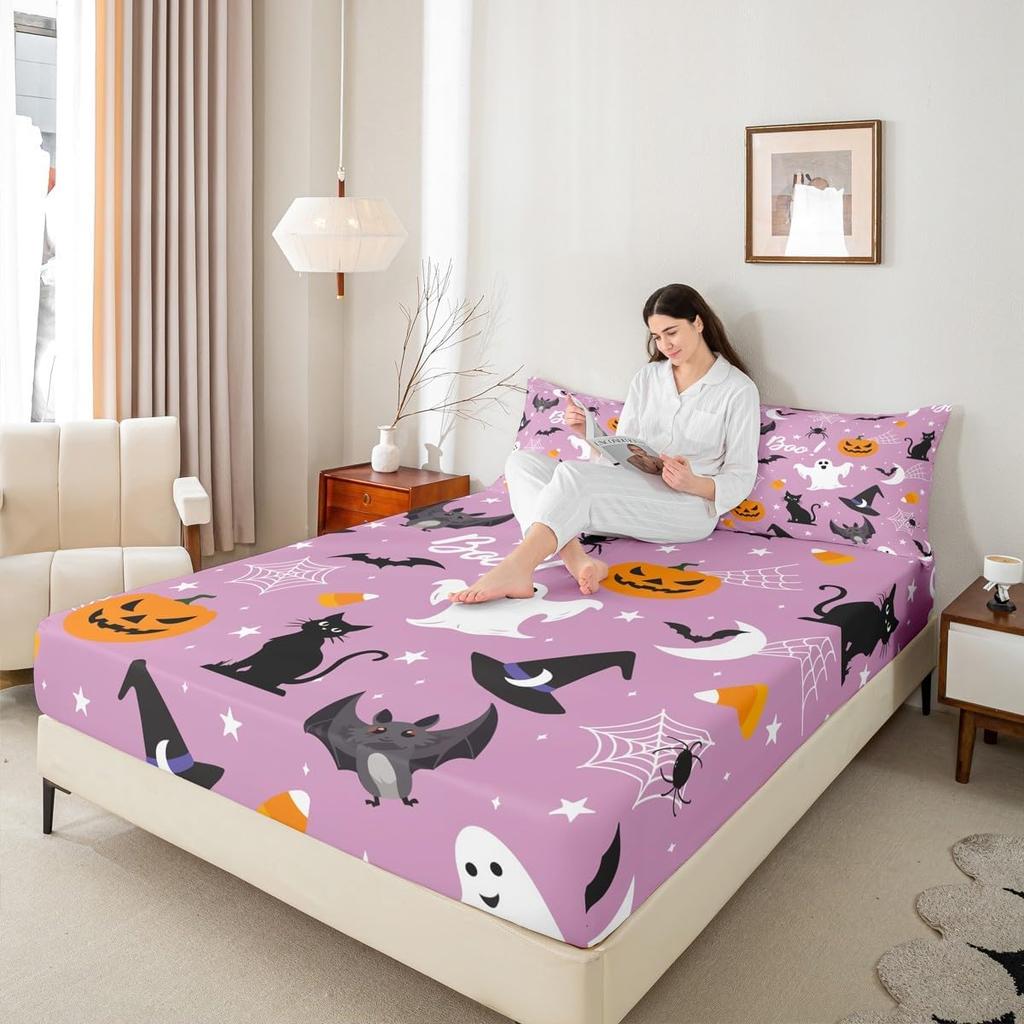 Gothic Spooky Bedding Set Pumpkin Lantern Cute Halloween Bed Sheets for Kids Boys Teens,Ghost Spiderwebs Fitted Sheet Black Cat Cobwebs Bats