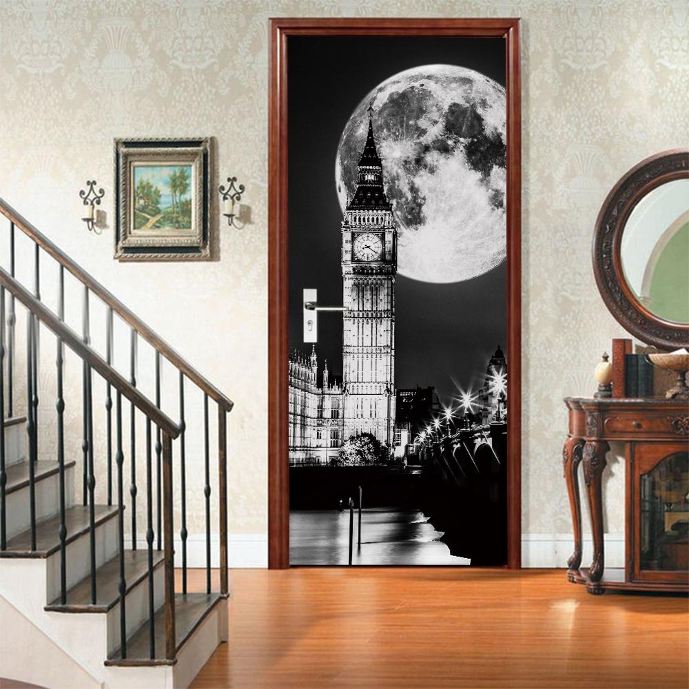 3D Door Mural Sticker Peel and Stick Door Wallpaper Golden Buddha Castle Moon Mermaid Flower Home Decor Removable