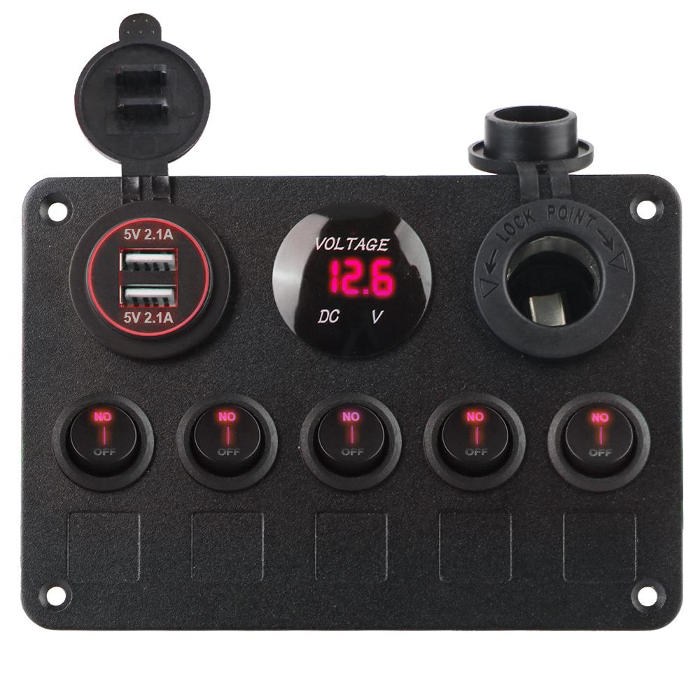 5 Gang Car Switch Panel Car Accessories Marine LED Rocker 12V Outlet Combination Boat Switch Panel Dual USB Port Waterproof Digital Voltmeter