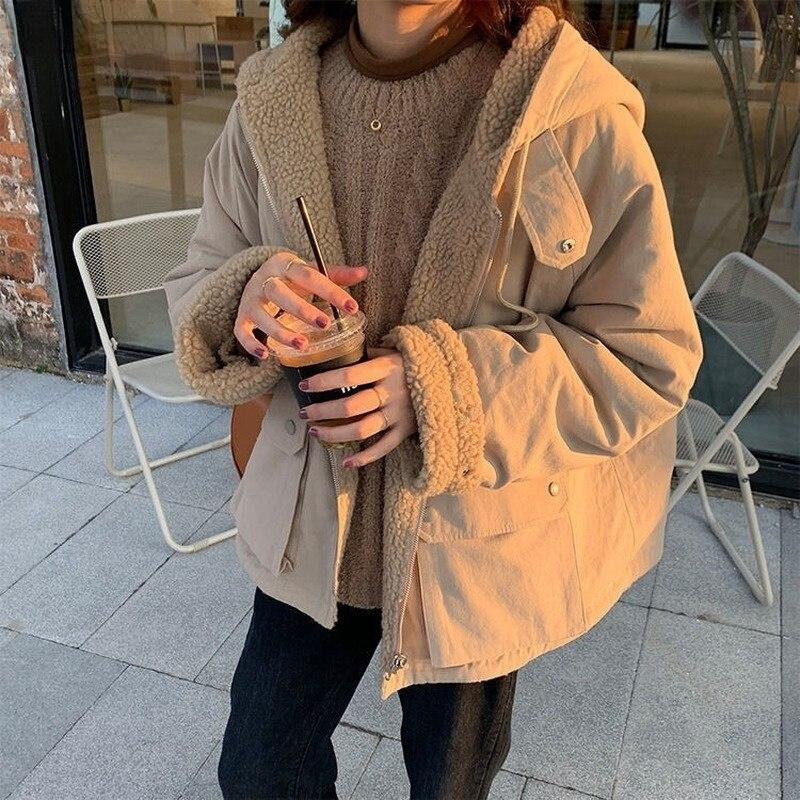 

Женские парки с капюшоном, толстое пальто, женские мягкие куртки Kawaii, двусторонняя верхняя одежда, осенне-зимние теплые топы с длинными рукавами XS хаки