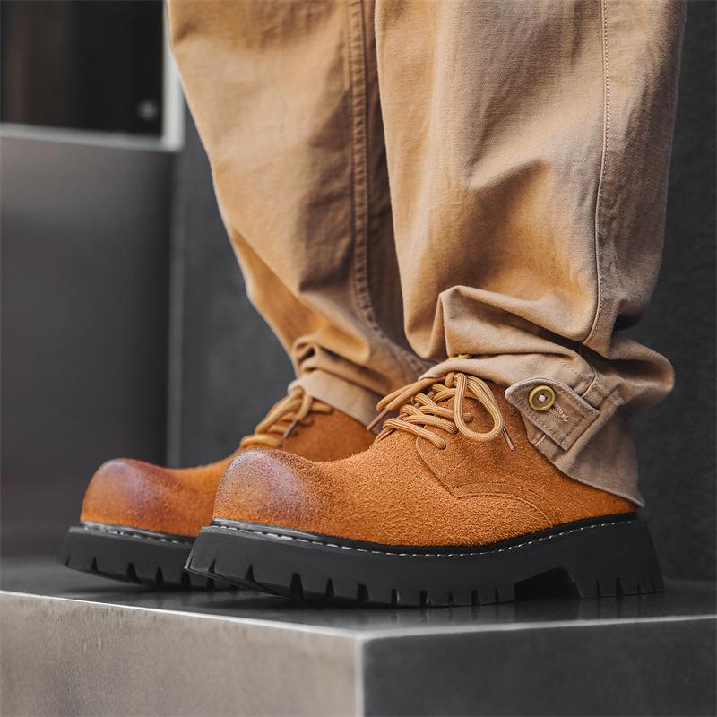 Fashion 2025 Unisex Style Nubuck Suede Leather Round Toe Thick Bottom Platform Men Pumps Solid Color Lace Up Western Casual Derby Shoes