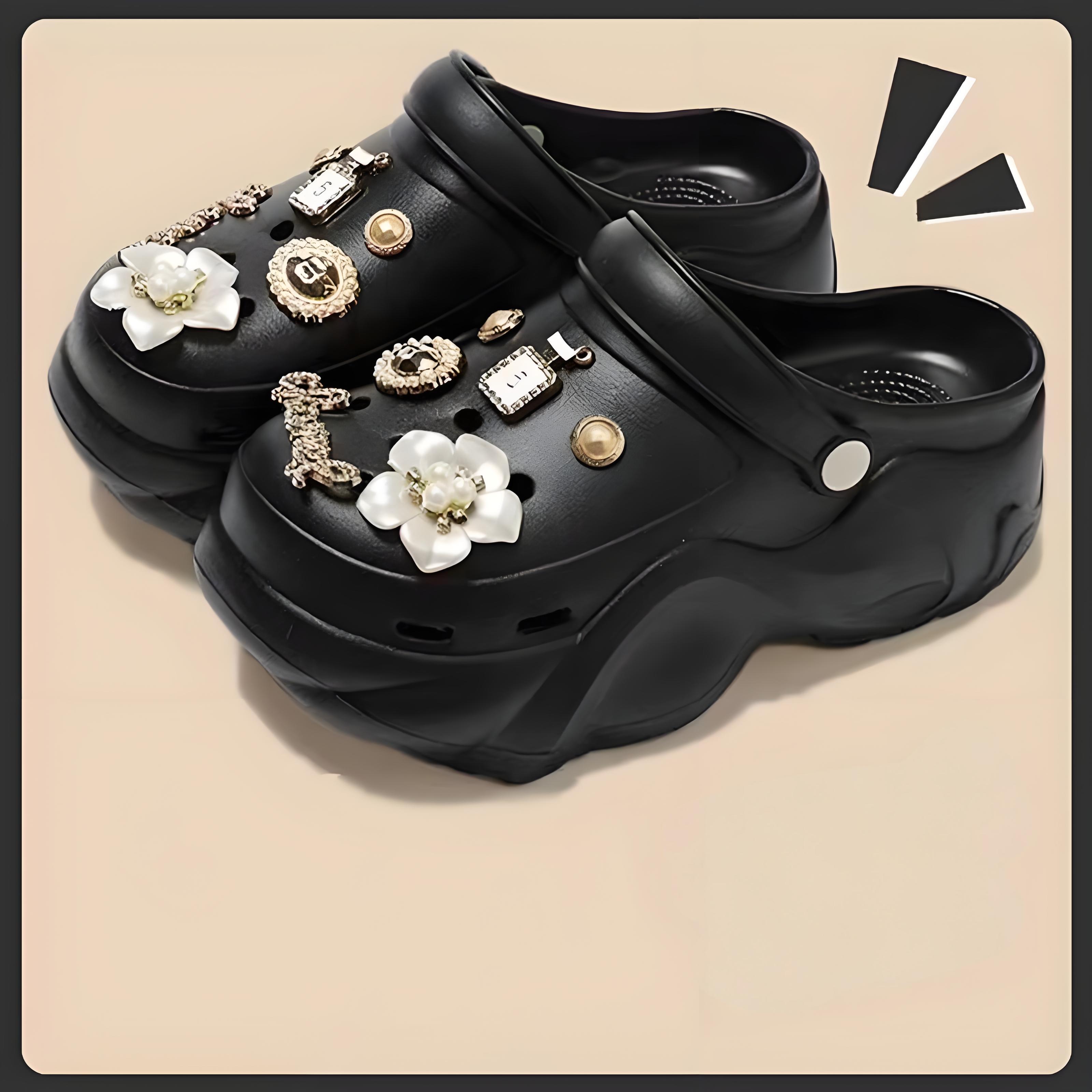 Frau Diy Höhlenloch Silberketten Frische Clog-Deko Trend Bär Kinder Schüler Herbst Strand Sandalen Sommer Frühling Garten Schuhe 39-40 black