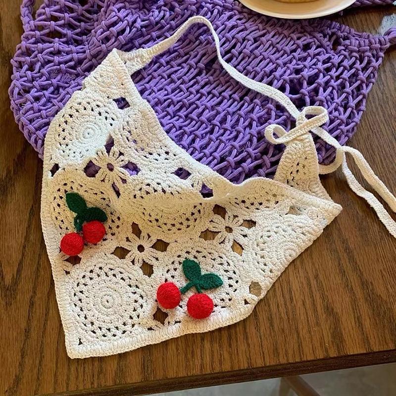 Knitted Triangle Headband Cute Little Cherry French Pastoral Style Headband Towel Crochet Flower Headscarf