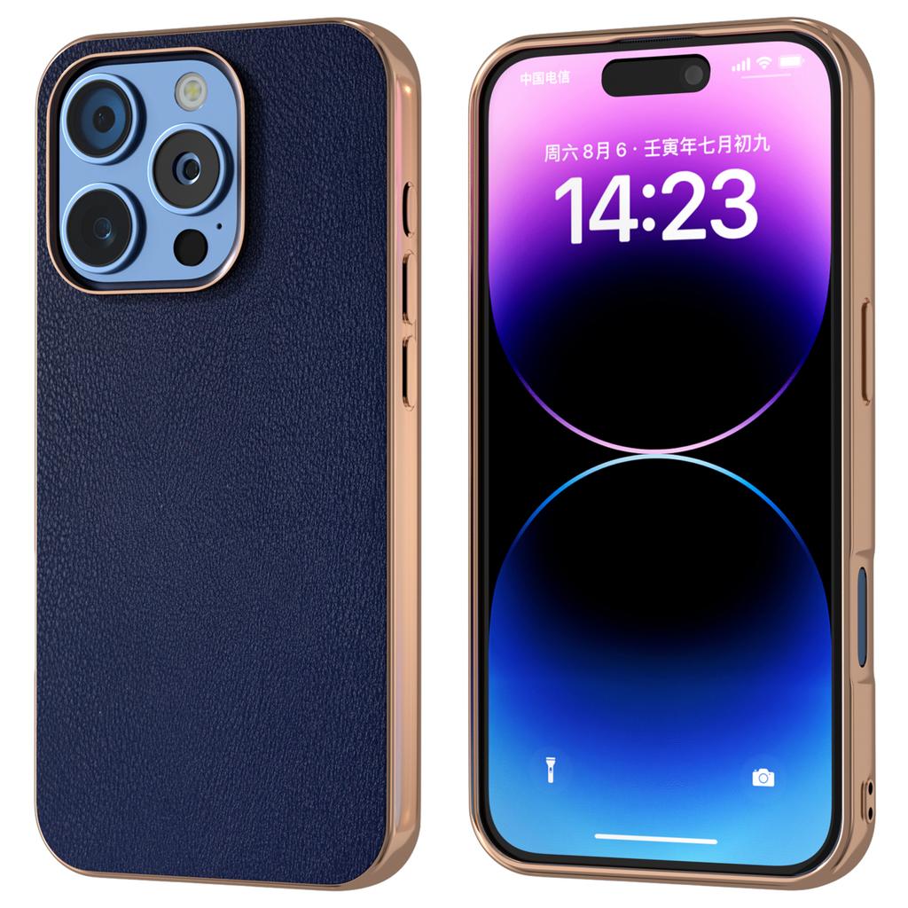 For iPhone 16 Pro Case Electroplating Edge PU Leather Coated TPU+PC Phone Cover