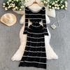 Spring Autumn Women Casual O-neck Beading Striped Knitted Sweater Long Midi Dresses