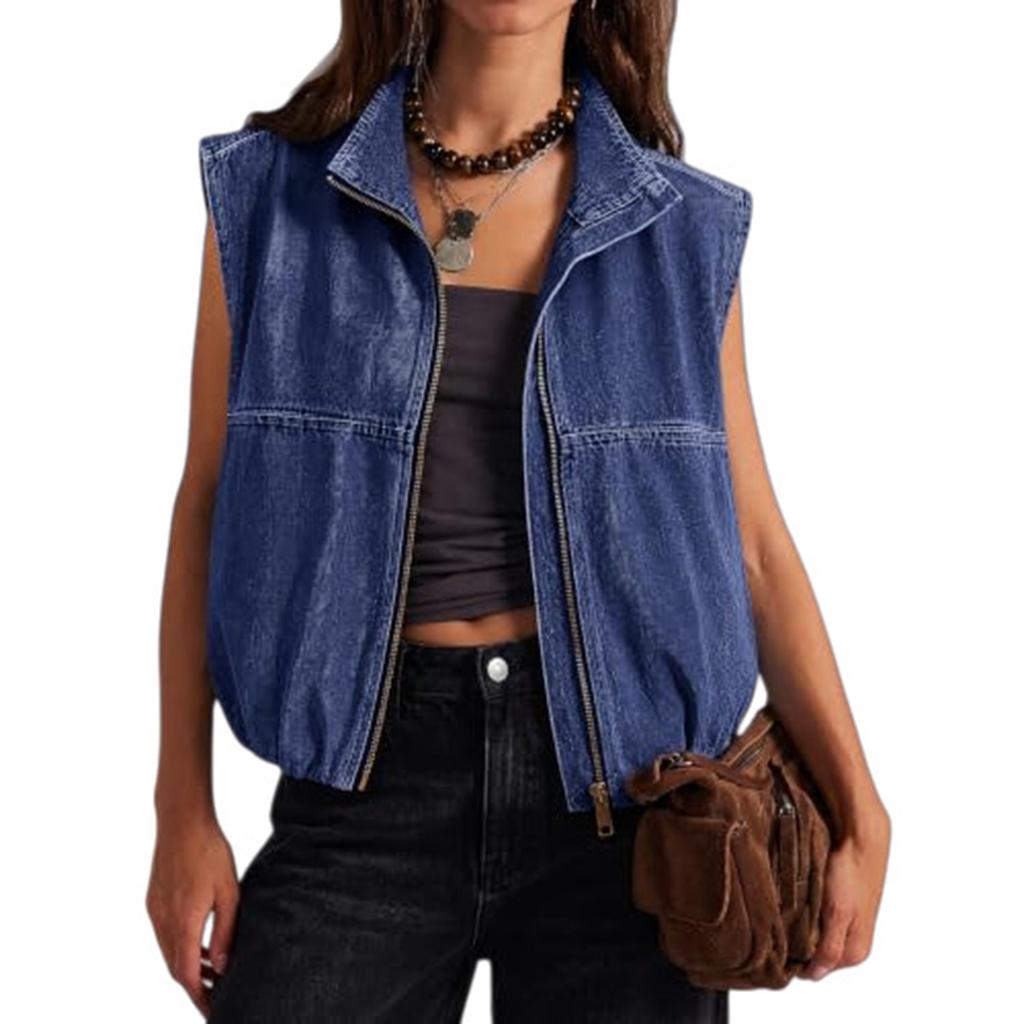 Damen Mode Lässig Ärmellose Jeansweste mit Reißverschlusskragen