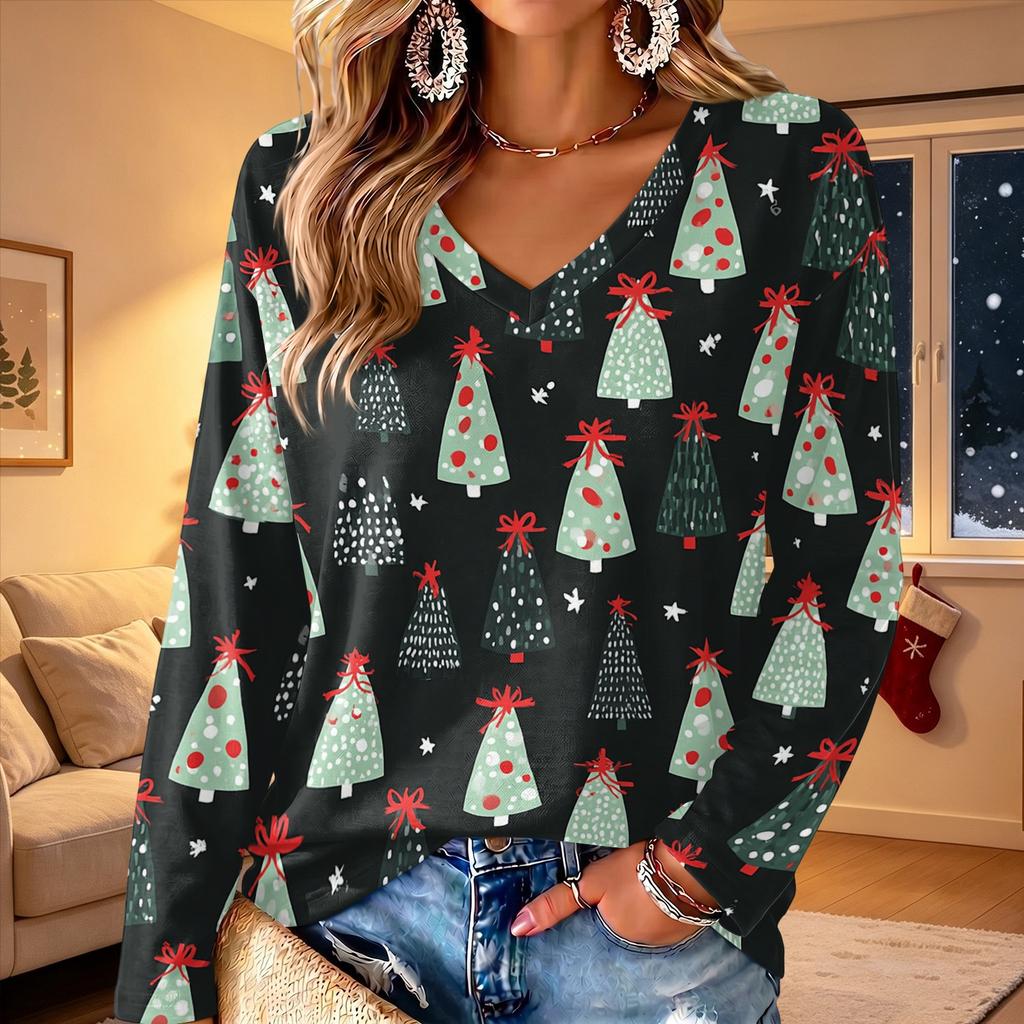 Women's V-Neck Long Sleeve Christmas Printed Lightweight Top for Spring and Summer