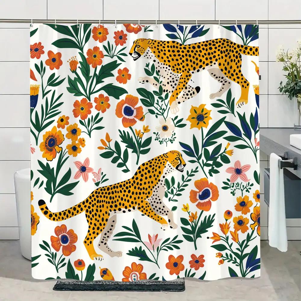 Jungle Wildlife Shower Curtain Tiger Plant Tropical Palm Leaf Polyester Fabric Shower Curtain Bathroom Decoration With Hooks Set