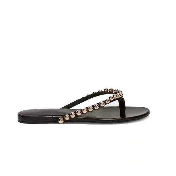 Sheepskin version of beach flip-flops women's outer wear pearl high-end sense flat bottom non-slip fashion toe cool