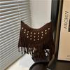 Ethnic style matte small bag women's new fashion rivet personalized tassel retro shoulder crossbody dumpling bag