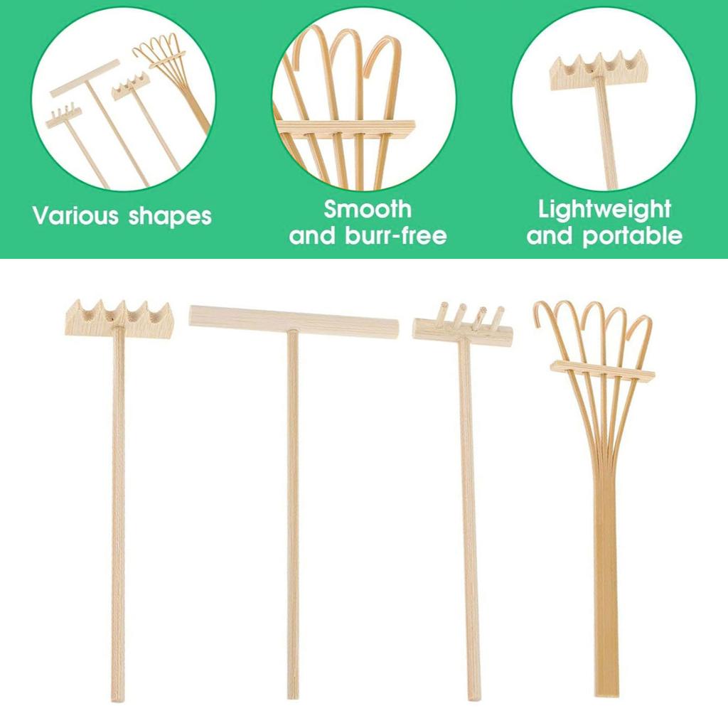 4pcs Garden Sand Rake Set Miniature Wood Handle Tools for Home and Office Decoration Meditations Rake Accessories