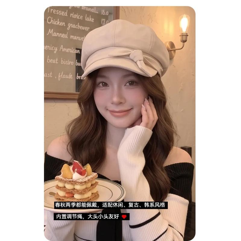 Women S Solid Color Suede Octagonal Hat With Bow For Autumn Winter