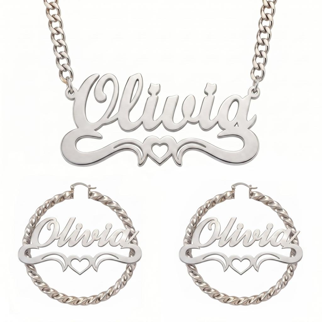 Custom Name Necklace and Hoop Earrings Personalized Gold Tone Jewelry Braided Chain Heart Design Birthday Gift for Women
