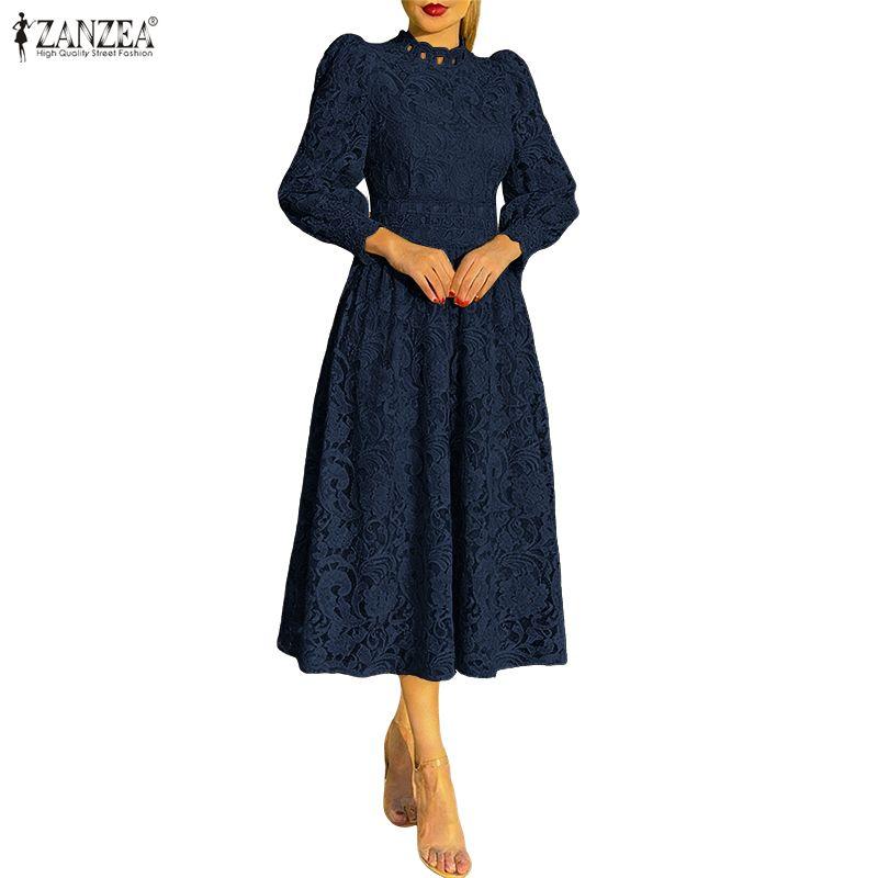 ZANZEA Women Casual Round Neck Long Sleeve Elegant Lace Crochet Patchwork Dress