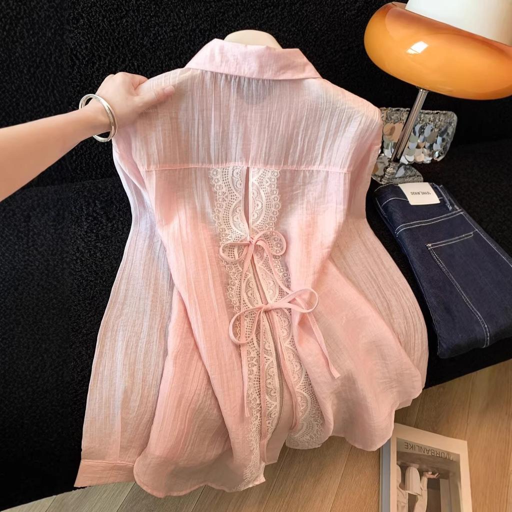 Summer Thin Sunscreen Pearlescent Long-sleeved Rear Split Pink Shirt Women's New Casual Versatile Shirt Women A