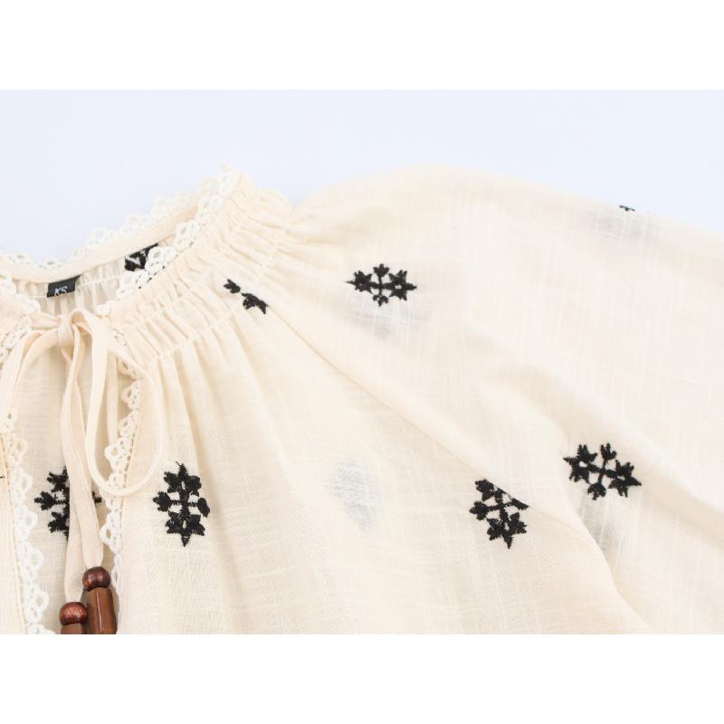 New Summer Women's Fashion Sweet Simple Round Neck Tie-Sleeve Embroidered Shirt Top