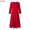 ZANZEA Women Casual Round Neck Solid Color 3/4 Sleeve Midi Dress