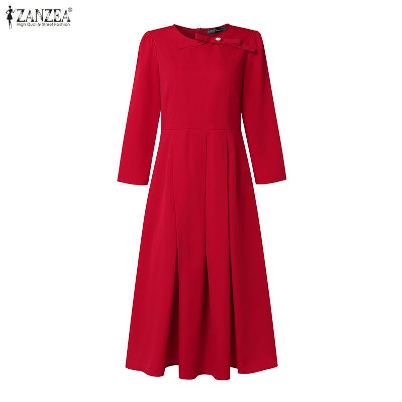 ZANZEA Women Casual Round Neck Solid Color 3/4 Sleeve Midi Dress