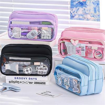 Large Light Color Multi-Compartment Pencil Case Durable with Clear Window Portable Cosmetic Bag for Stationery