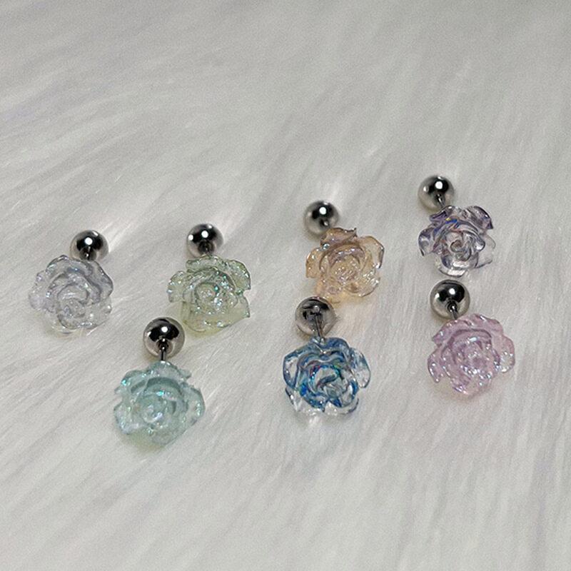 2PCS Acrylic Flower Stud Earring Fashion Women Shiny Colorful Screw Stud Earrings Stainless Steel Cartilage Helix Ear Piercing Jewelry Accessories