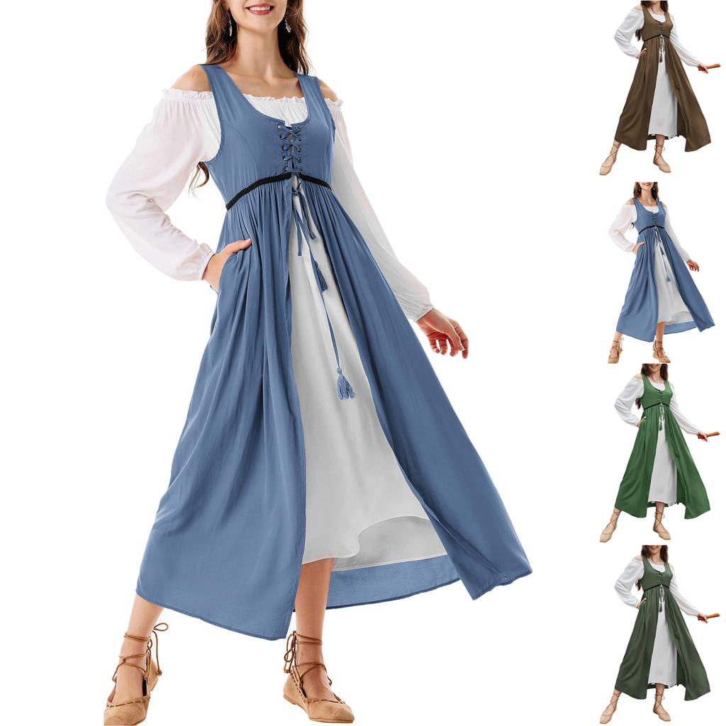 Women's Long Sleeve Dress Fall Casual T Shirt Loose Fit Pleated Front Dresses With Pockets