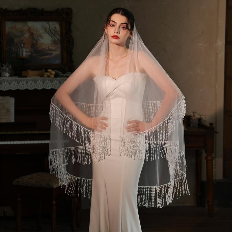 Classical White Wedding Veils Double Layer Tulle Headpiece With Flowing Fringe Design For Bridal Photoshoots Reception