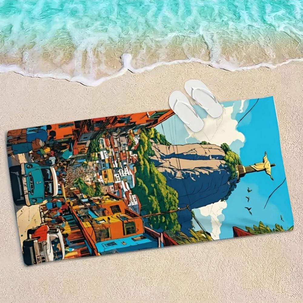 1PC Brazil Style Beach Towel, Rio de Janeiro Christ Statue Colorful Houses Art Pattern Design for Travel Beach Pool Summer Use