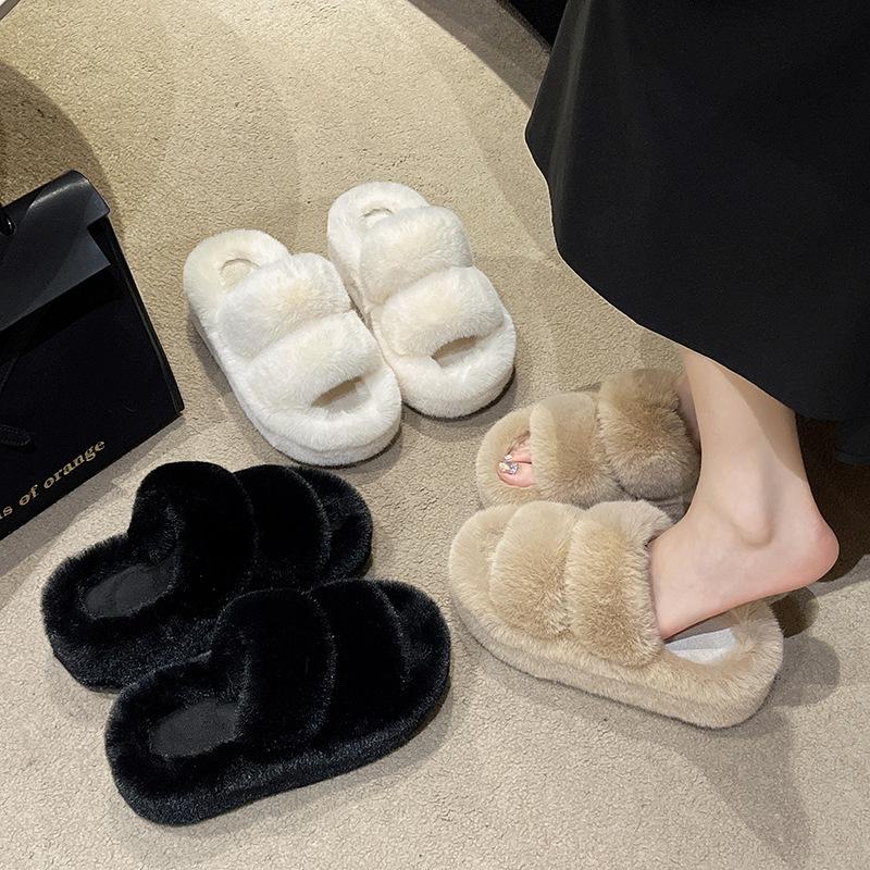 Large Size Fluffy Slippers Women's 2025 New Versatile High Heel Thick Bottom Increase 7cm Small Plush Cotton Drag Outside Wear