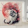 Sakura Tiger Shower Curtain Japanese Ukiyo Watercolor Red Sun Wild Animal Floral Kids Adult Bathroom Decor Hooks